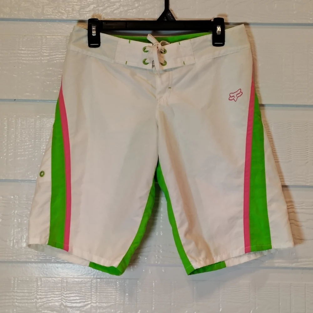 Y2K FOX racing Women’s Board Shorts Sz 3 White/Green/Pink Drawstring Vintage - Picture 1 of 9